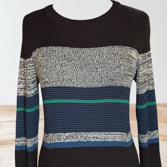 Ronni Nicole Sweater Midi Dress NEW Sz XL Black Gray Teal Stripe Ribbed Knit - Picture 2 of 10